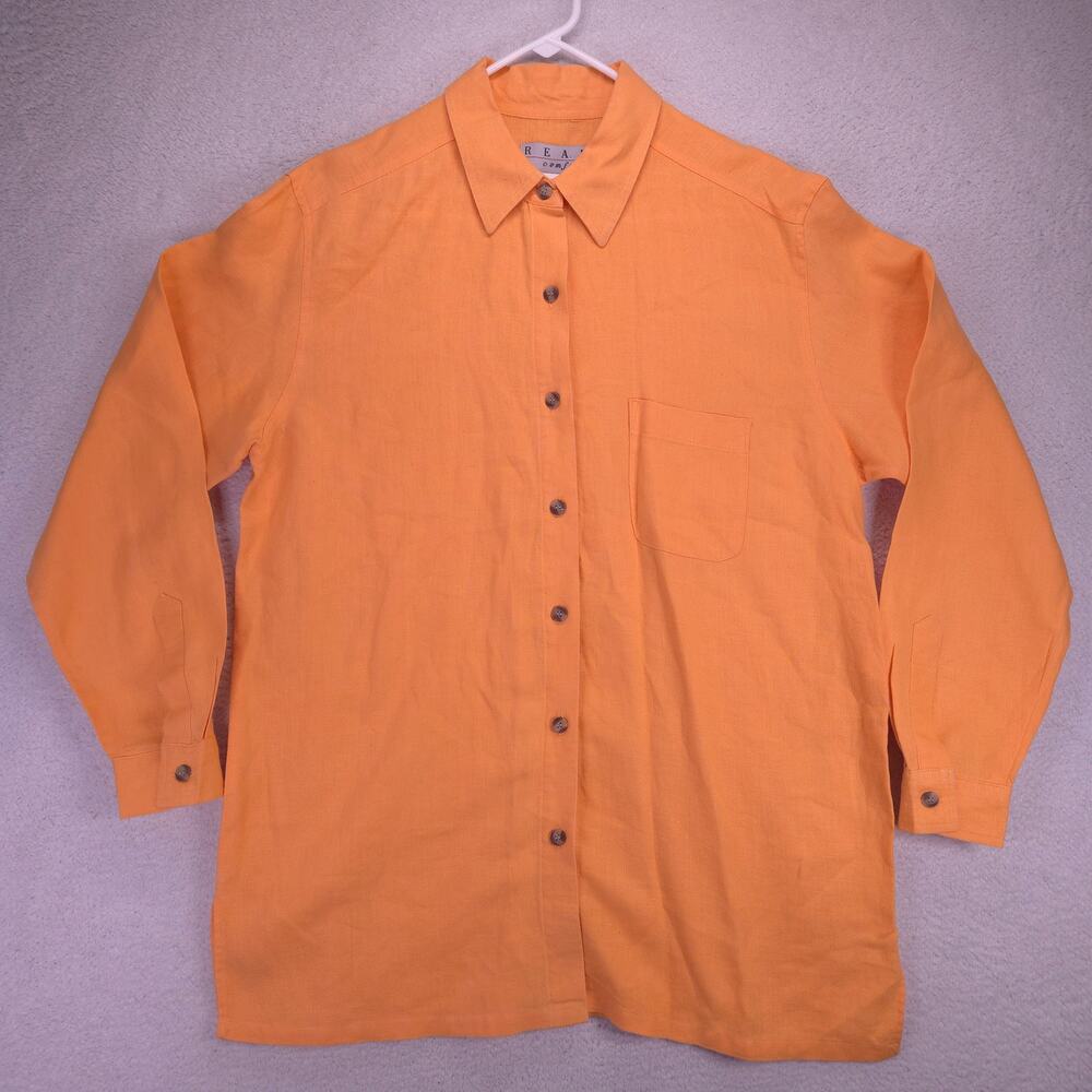 Real Comfort Button Up Shirt Womens M/L 100% Linen Orange Long Sleeve Oversized
